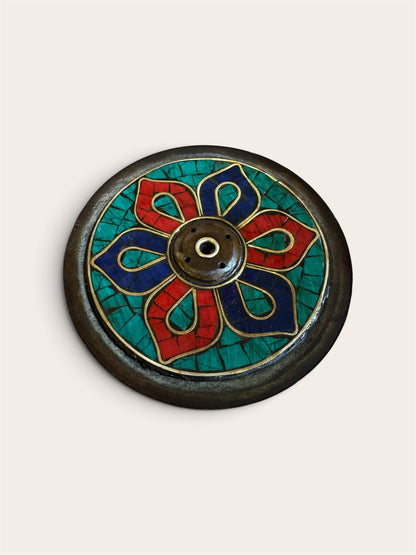 Buddhist Antique Finish Incense Holder – Handmade in Nepal, Turquoise, Lapis & Red Inlay