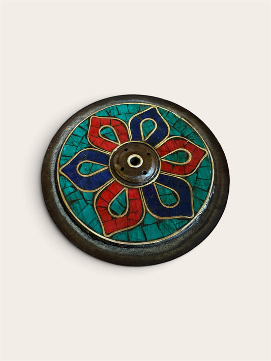 Buddhist Antique Finish Incense Holder – Handmade in Nepal, Turquoise, Lapis & Red Inlay