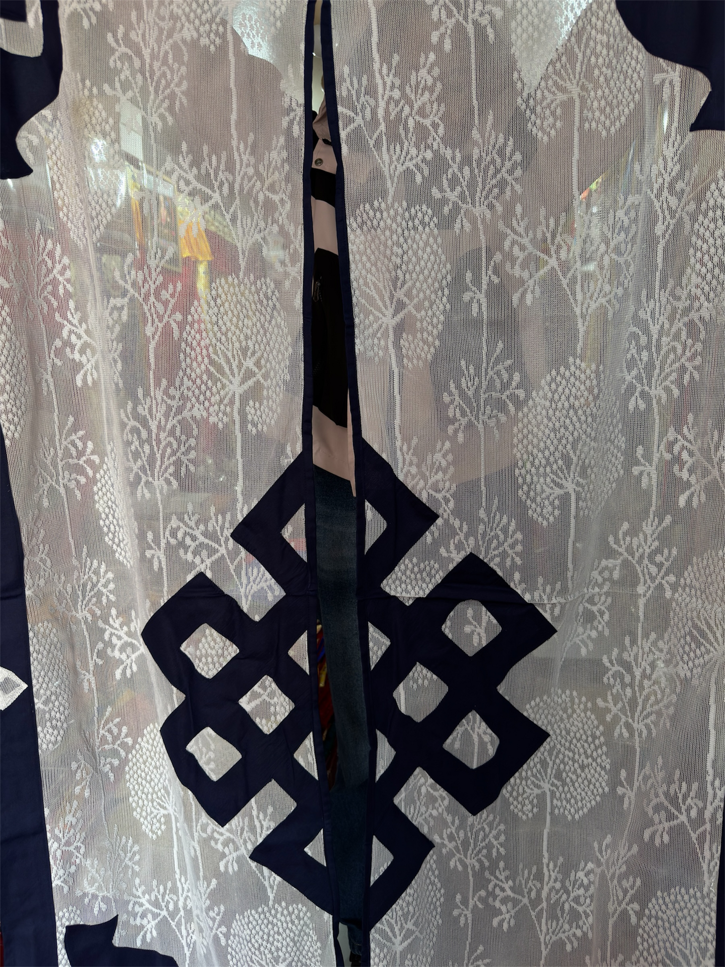 Tibetan buddhist dark blue lacy/net endless knot split door curtain/door hanging