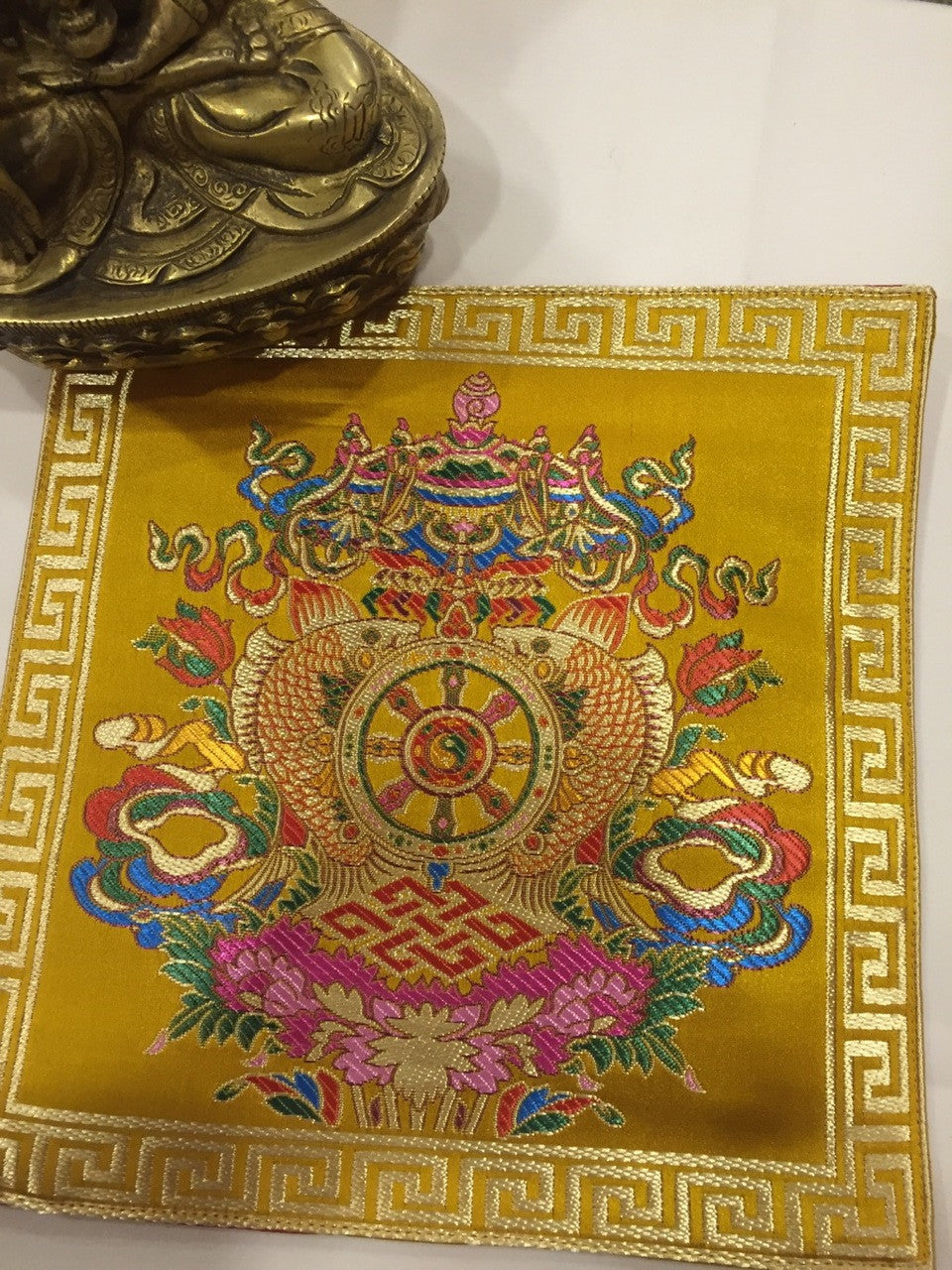 Tibetan buddhist silk brocade yellow eight auspicious symbol placemat / table cover / altar cloth