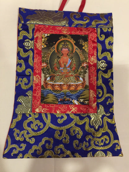 Tibetischer Seidenbrokat Amitayus/Long Life Buddha kleines Foto Thangka/Wandbehang