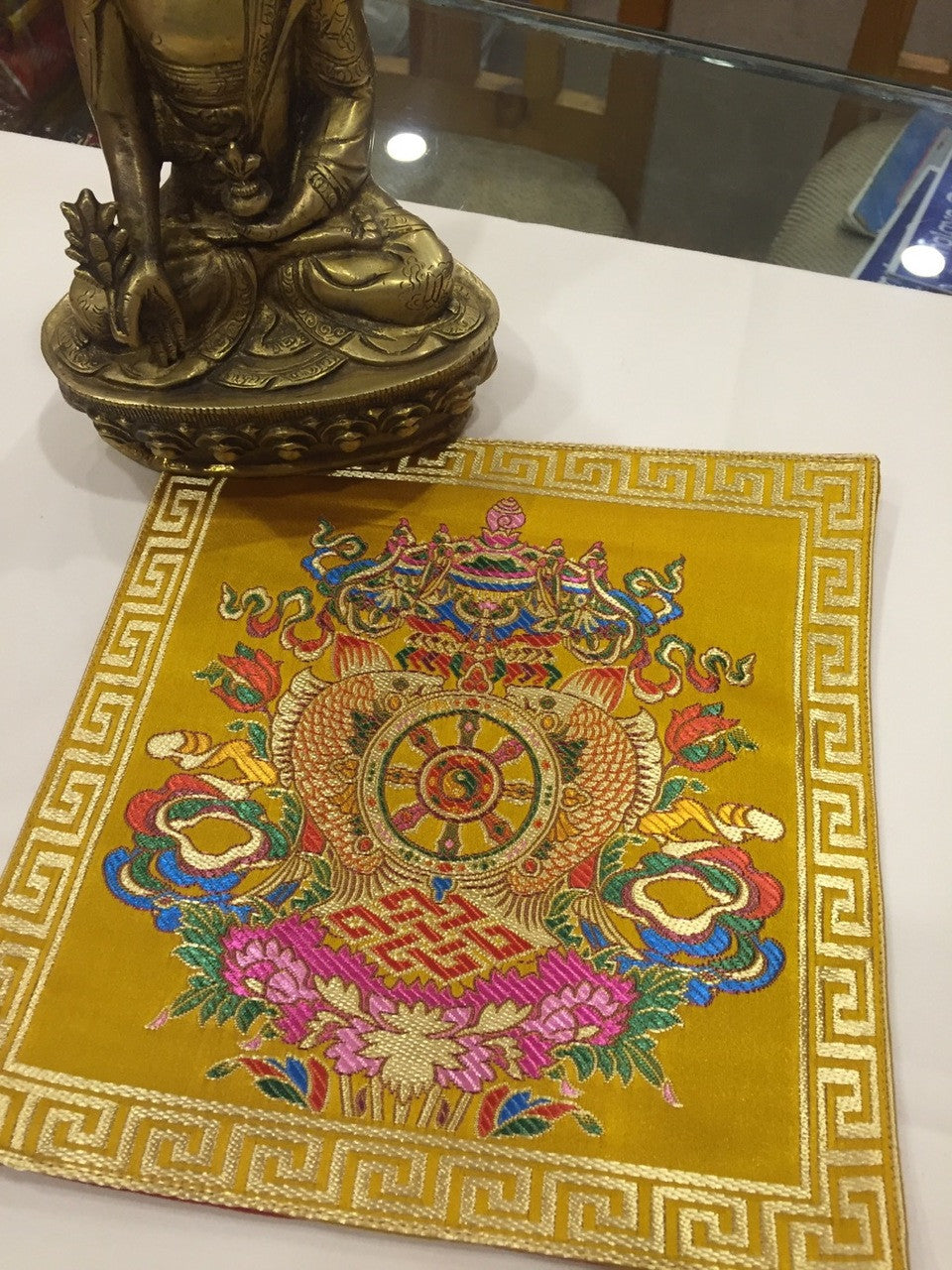 Tibetan buddhist silk brocade yellow eight auspicious symbol placemat / table cover / altar cloth