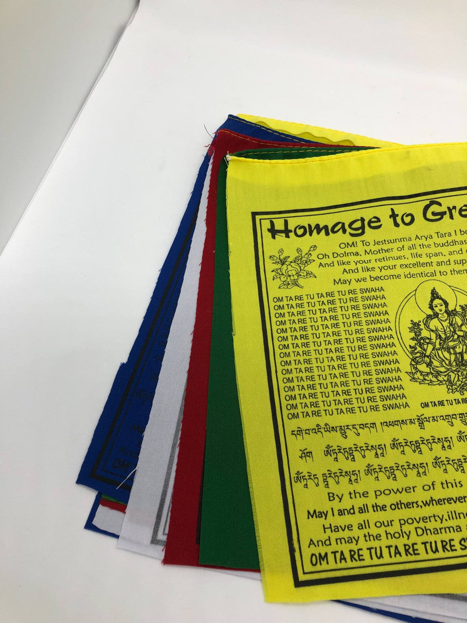 Tibetan buddhist Green Tara mantra cotton prayer flag in English translation