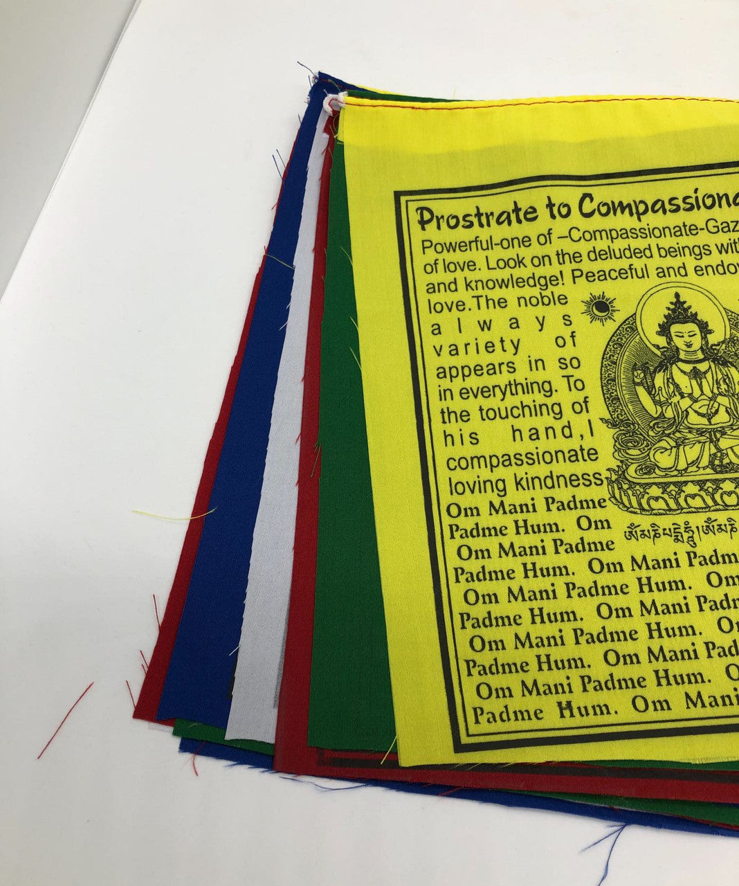 Tibetan buddhist 4 armed chenrezig mantra cotton prayer flag in English translation