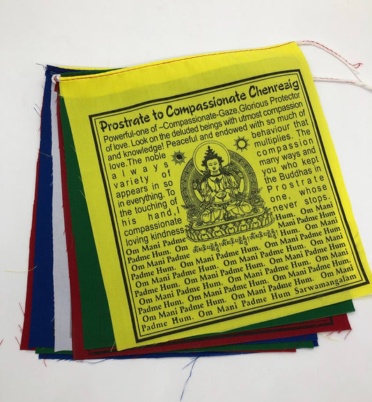 Tibetan buddhist 4 armed chenrezig mantra cotton prayer flag in English translation