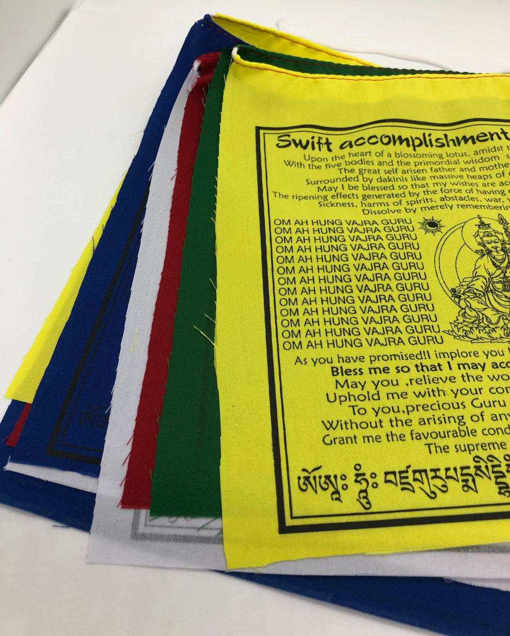 Tibetan buddhist guru rimpoche mantra cotton prayer flag in English translation