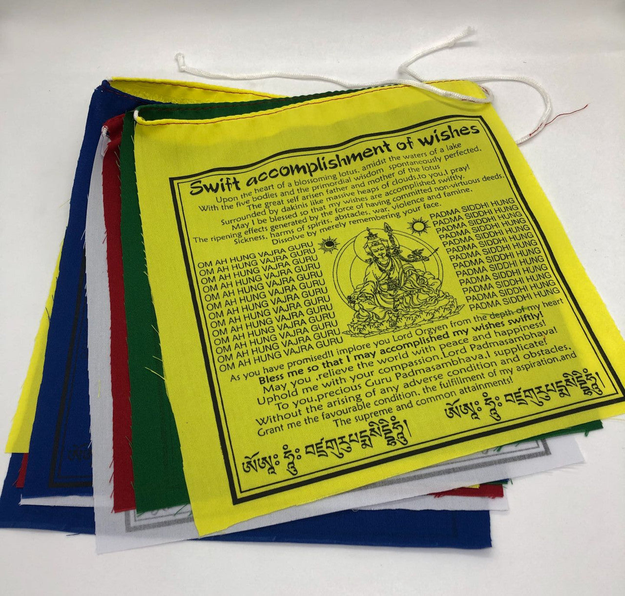 Tibetan buddhist guru rimpoche mantra cotton prayer flag in English translation