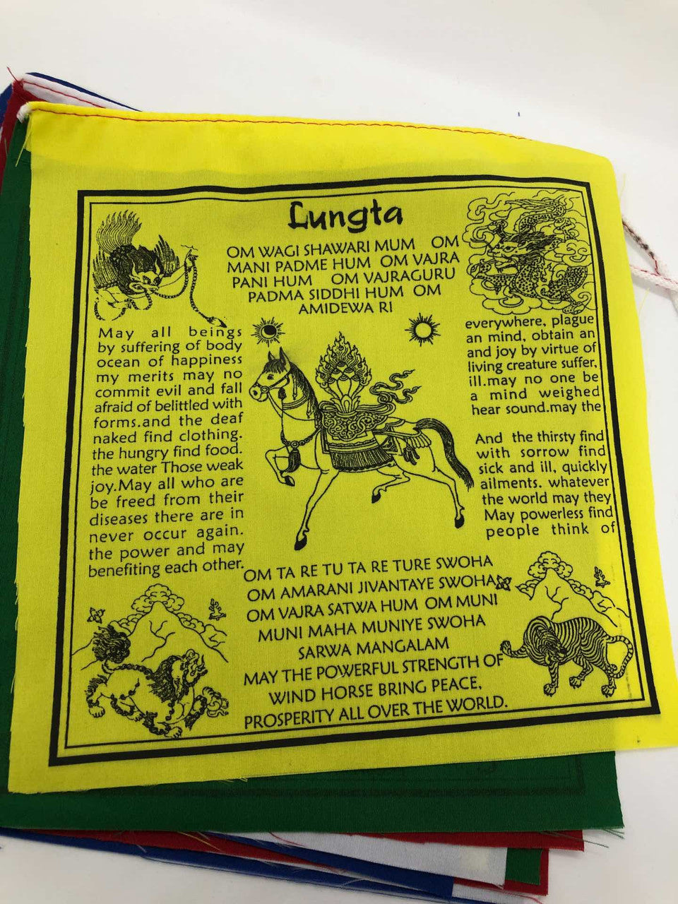 Tibetan buddhist windhorse lungta mantra cotton prayer flag in English translation