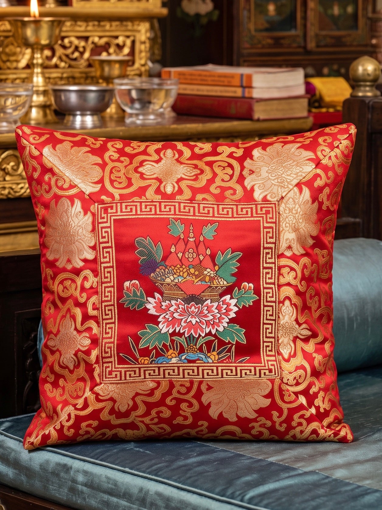 Tibetan buddhist silk Brocade Red Cushion Cover – Auspicious Offering Basket Motif / pillow cover