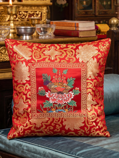Tibetan buddhist silk Brocade Red Cushion Cover – Auspicious Offering Basket Motif / pillow cover