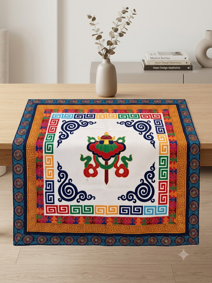 Tibetan brocade auspicious symbol table cover with wheel of life border / altar cloth