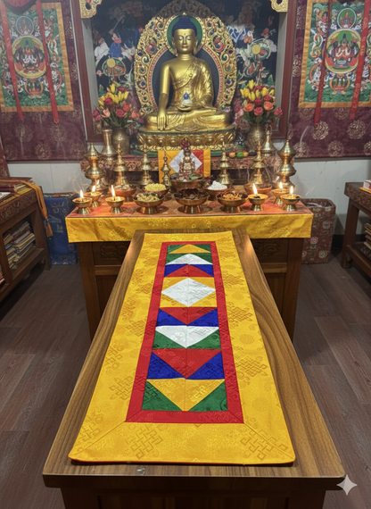 Tibetan buddhist endless knot light silk brocade table runner / shrine cover / yellow cloth