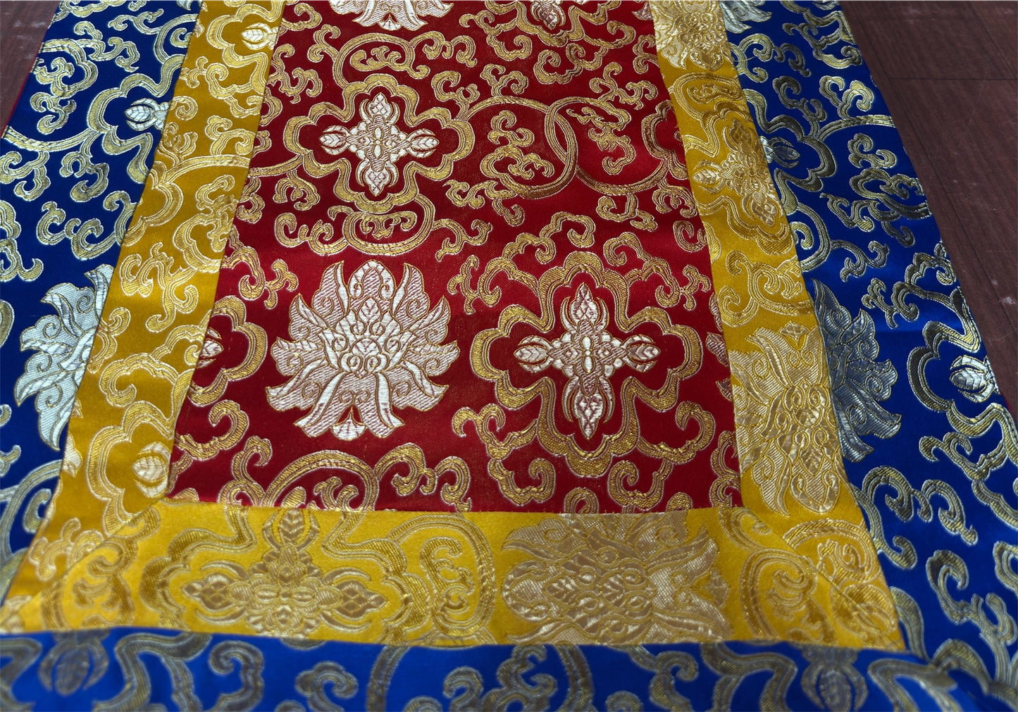 Long Tibetan Shrine Table Cover – Handmade Silk Brocade Lotus Design, Traditional Buddhist Altar Runner