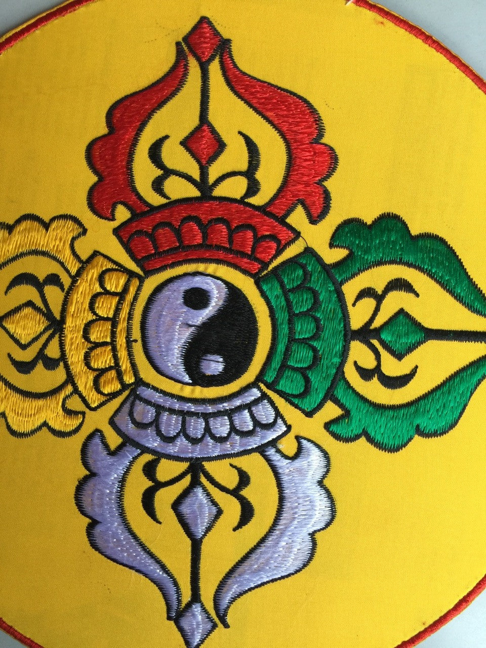 Tibetan Hand Embroidry yellow Double Dorje Round Table Placemat /Altar Cloth