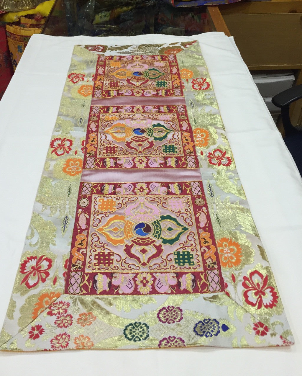 Tibetan white double dorje silk brocade table runner / shrine cover / altar cloth / table cover / cloth