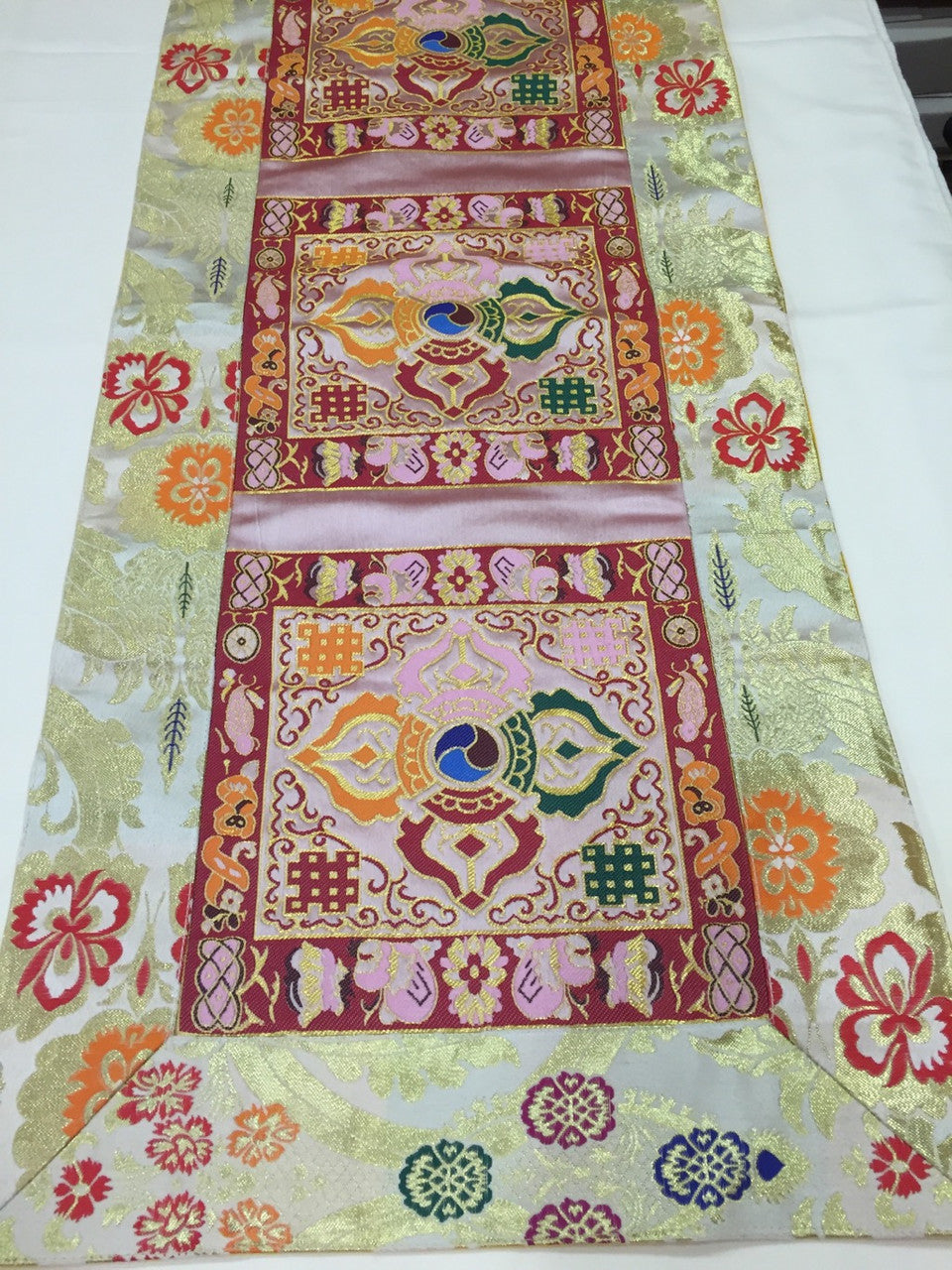 Tibetan white double dorje silk brocade table runner / shrine cover / altar cloth / table cover / cloth