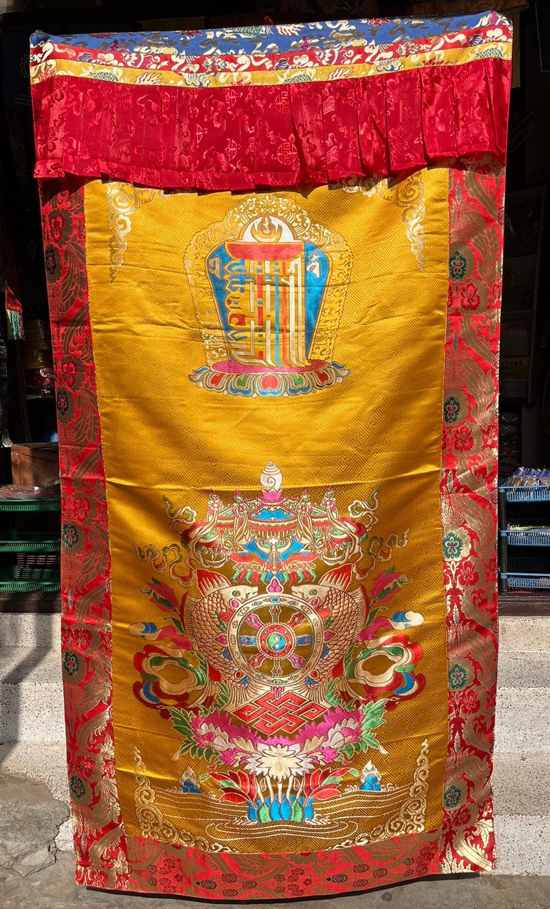 Tibetan Buddhist Silk Brocade kalachakra and auspicious symbol hanging / Door Curtain / Door cover