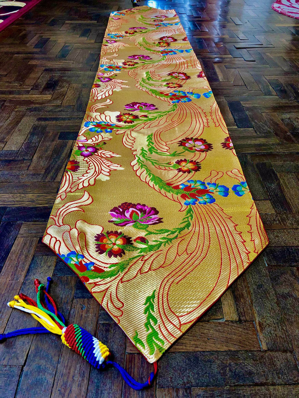 Tibetan buddhist Large size traditional flower design golden shrine table runner / table cloth / with colourful blessed tassels