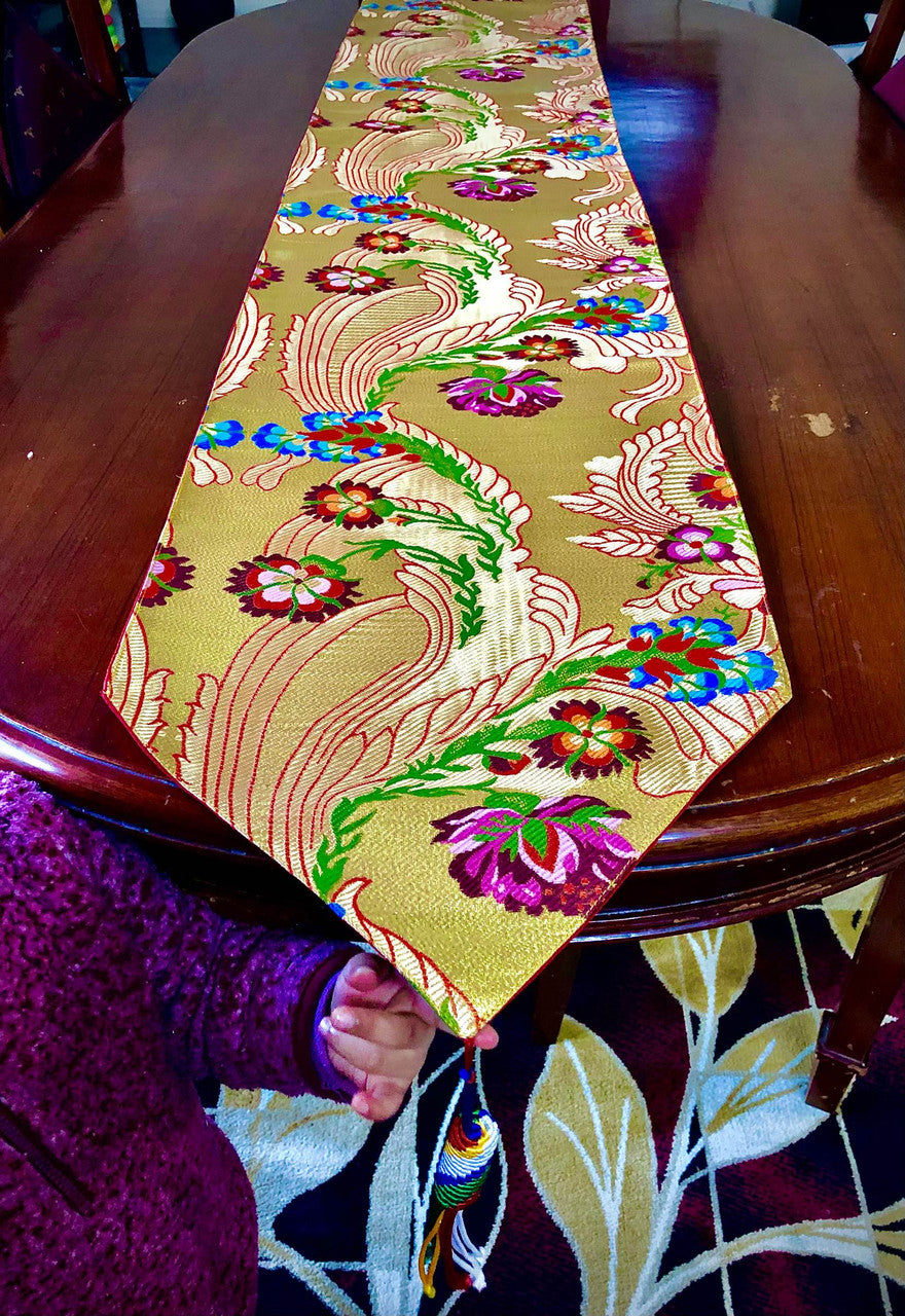 Tibetan buddhist Large size traditional flower design golden shrine table runner / table cloth / with colourful blessed tassels