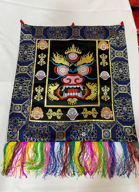 Tibetan buddhist silk brocade black mahakala wall hanging / banner / thangka