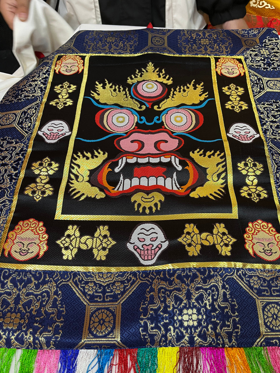 Tibetan buddhist silk brocade black mahakala wall hanging / banner / thangka