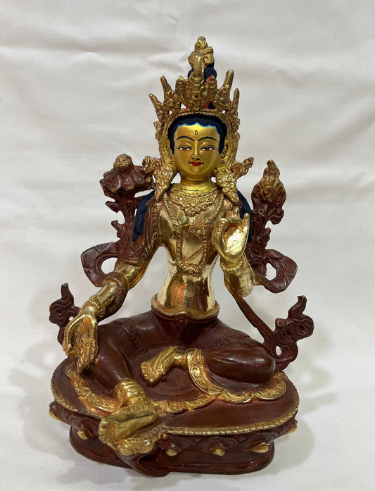 Nepalese buddhist handmade copper and gold green tara / dolma statue