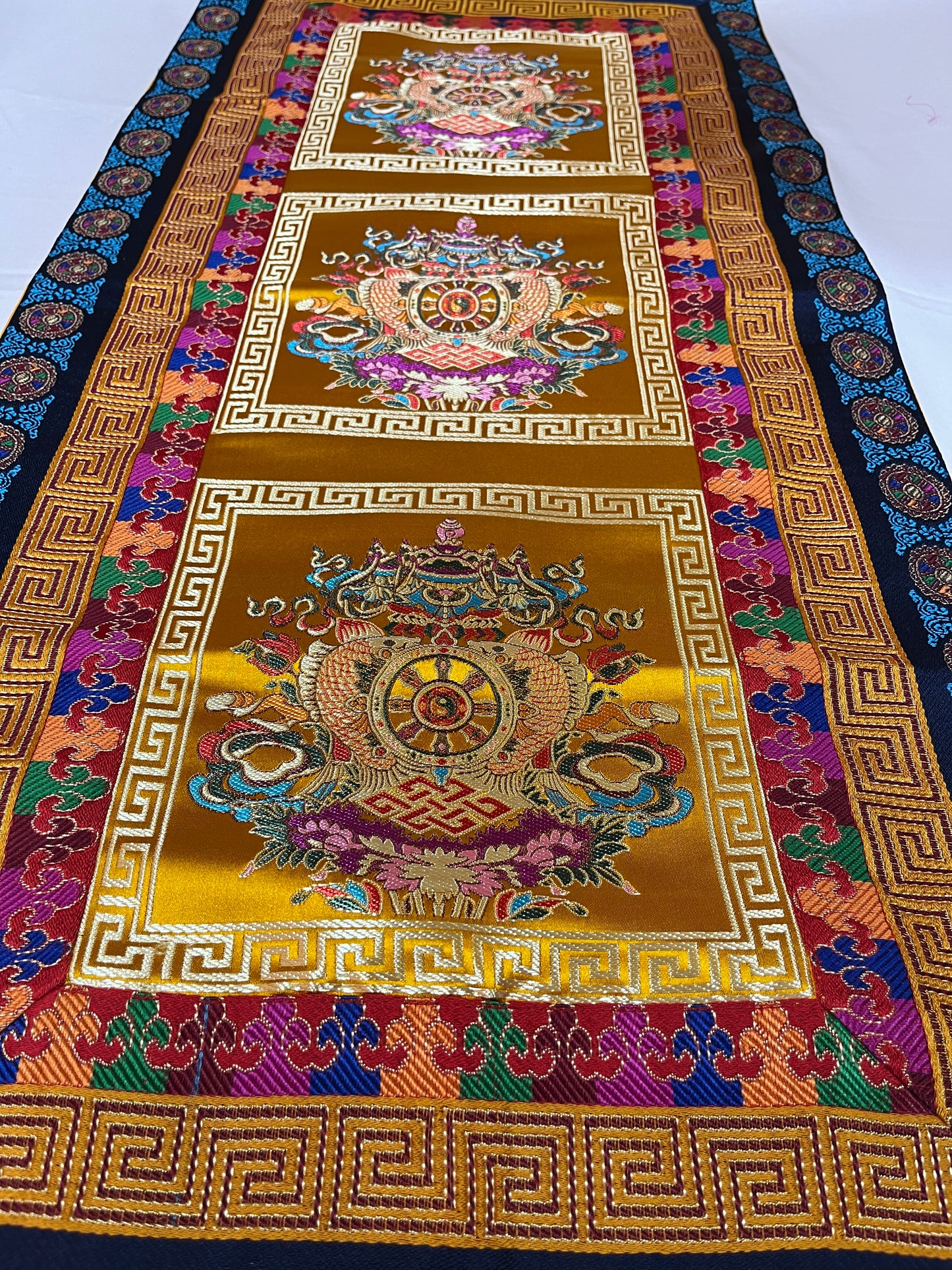 Tibetan buddhist auspicious symbol silk brocade table runner / table cloth / shrine cover