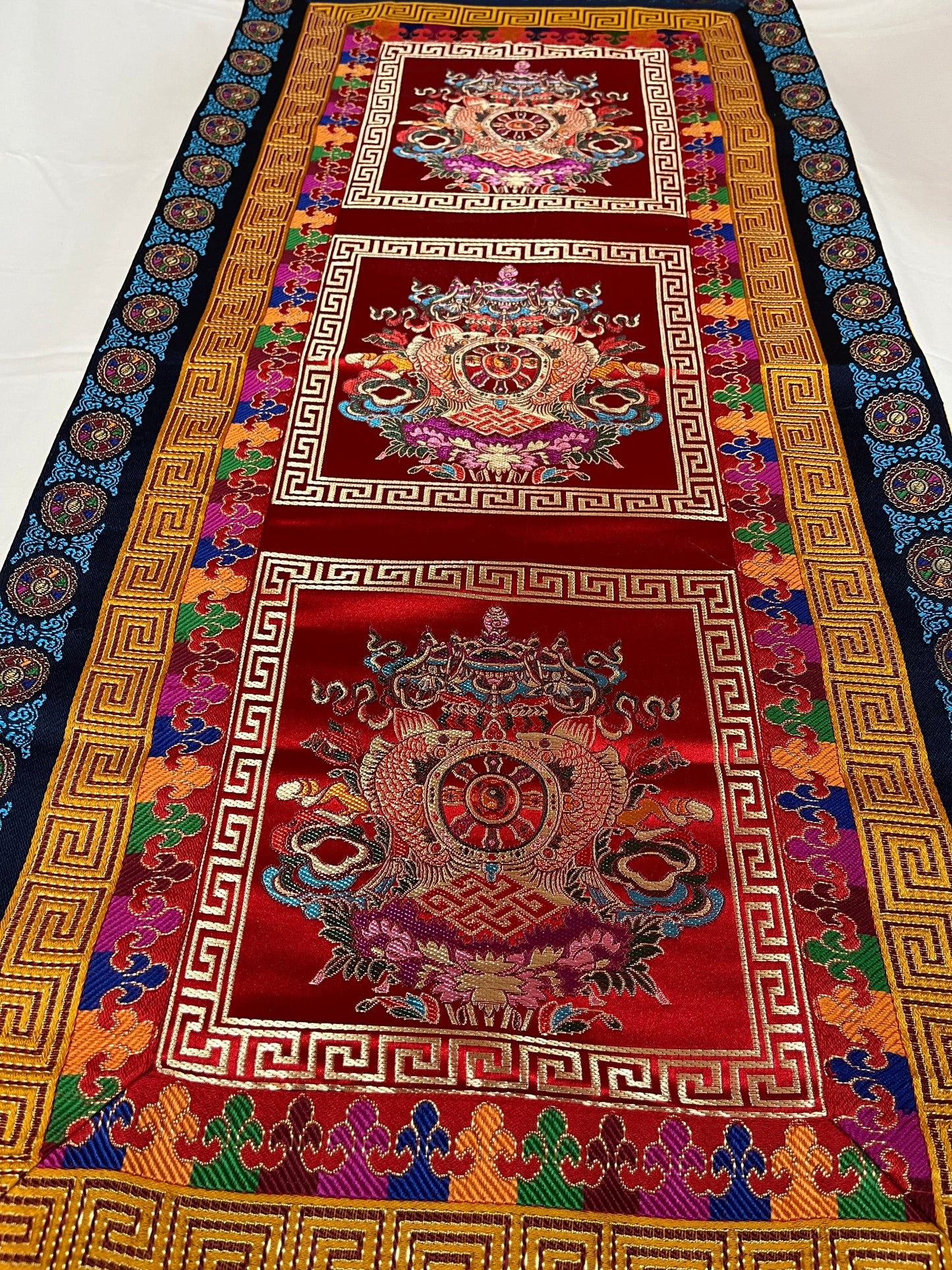Tibetan buddhist auspicious symbol silk brocade table runner / table cloth / shrine cover