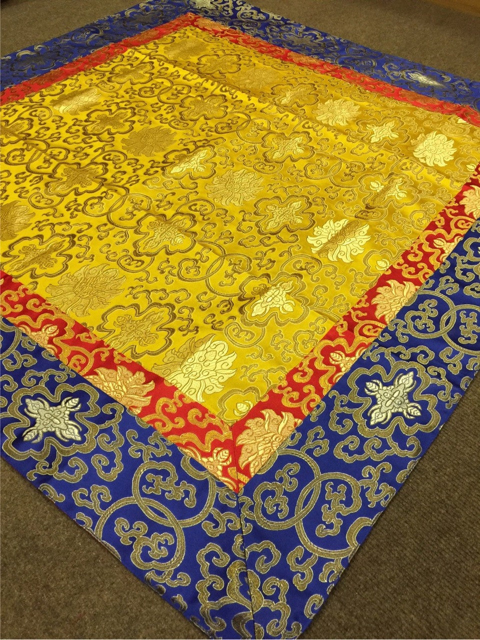 Tibetan silk brocade shrine table cover / yellow lotus design altar cloth