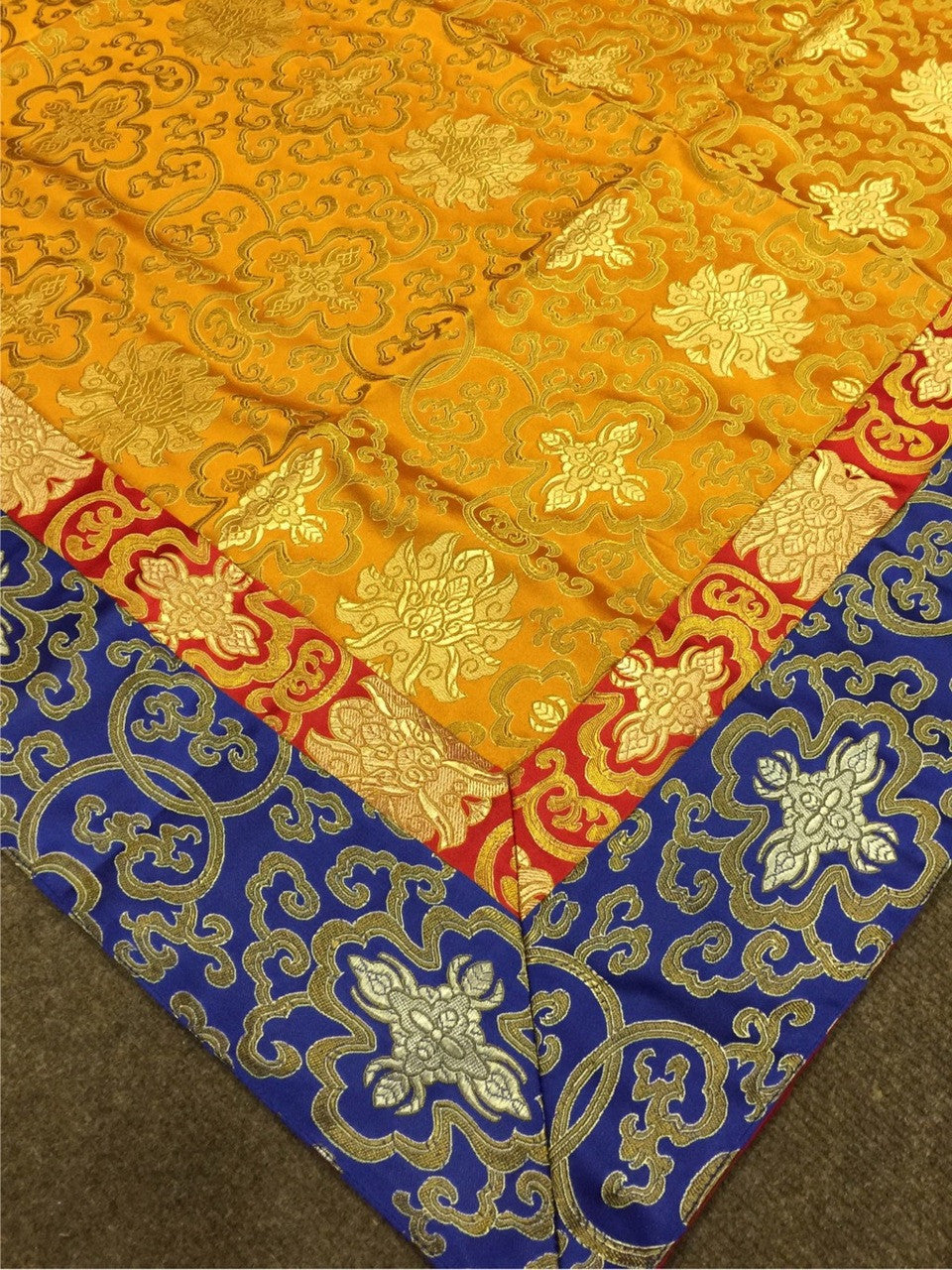 Tibetan silk brocade shrine table cover / orange lotus design altar cloth