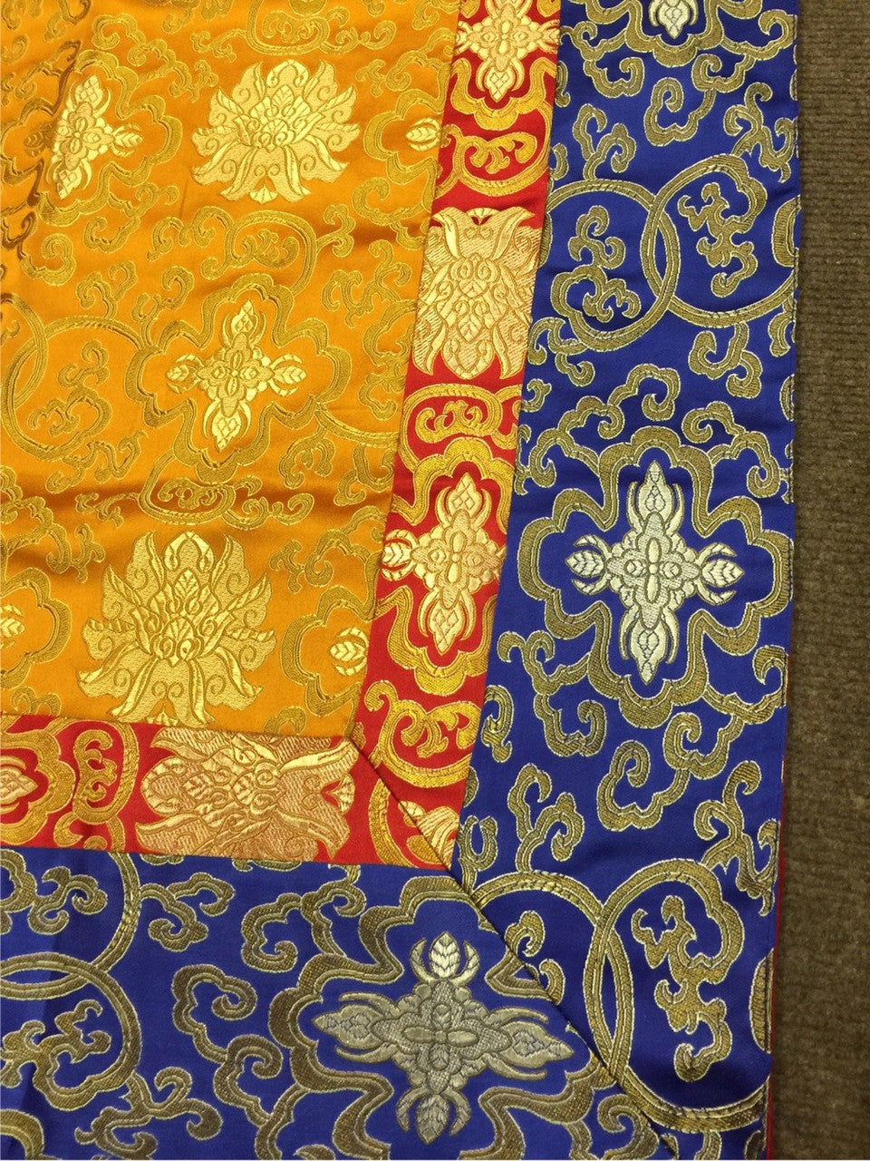 Tibetan silk brocade shrine table cover / orange lotus design altar cloth