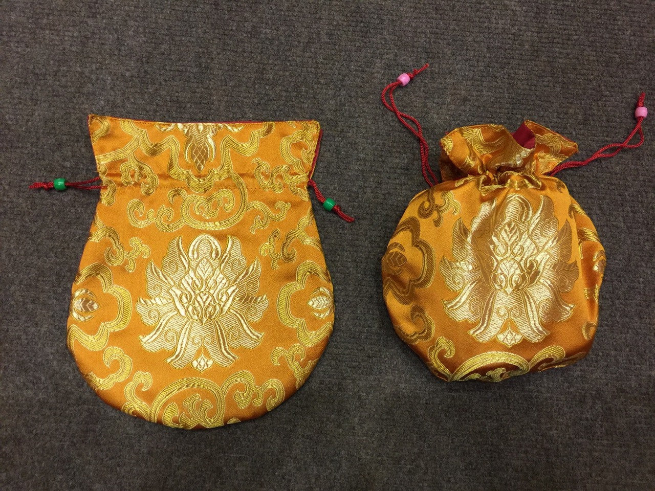 Tibetan Buddhism lotus design orange silk brocade mala bag / pouch / jewelry pouch / large size