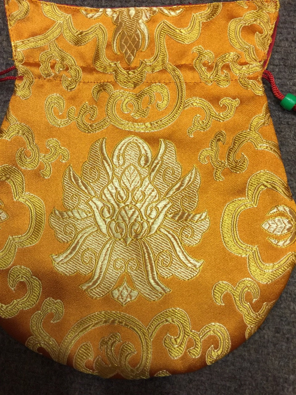 Tibetan lotus design orange silk brocade mala bag / jewelry pouch / large size