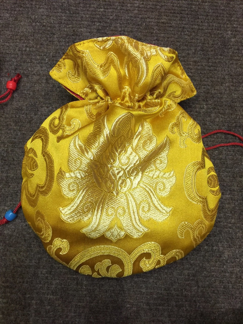 Tibetan lotus design yellow silk brocade mala bag / jewelry pouch / large size