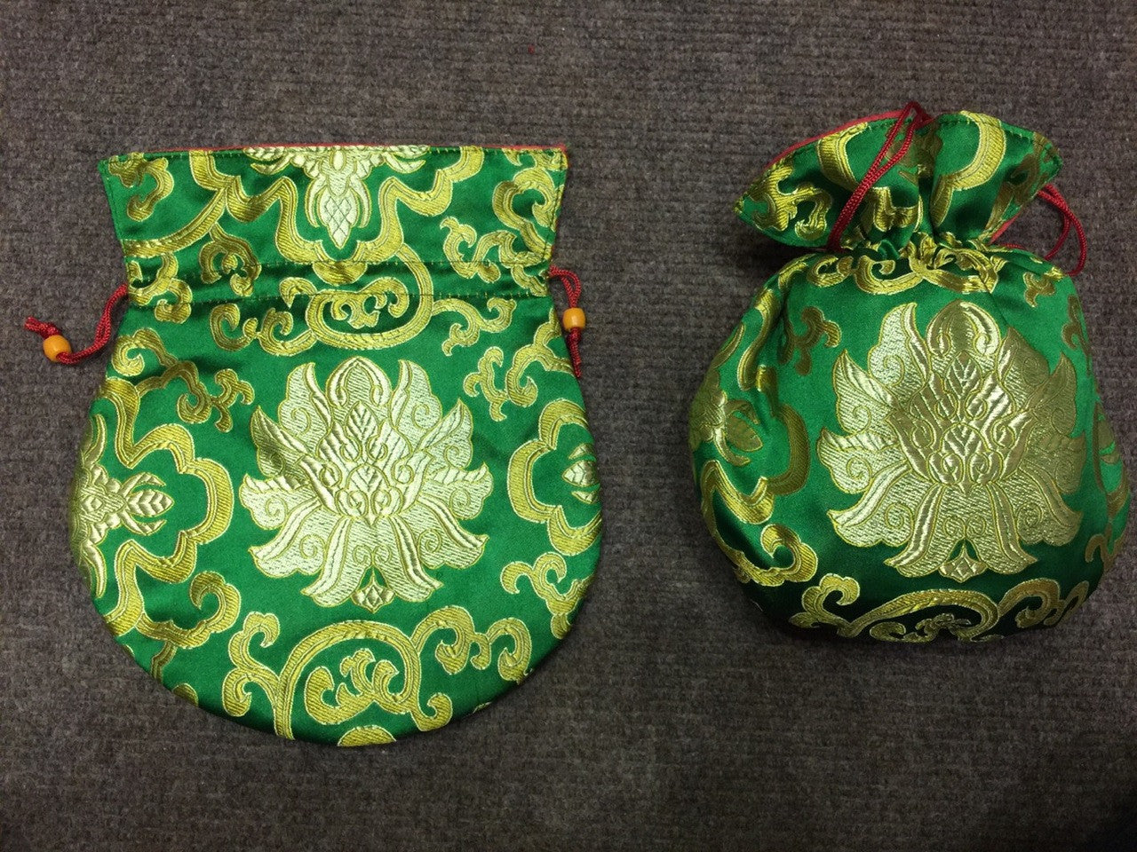 Tibetan Buddhism lotus design green silk brocade mala bag / pouch / jewelry pouch / large size