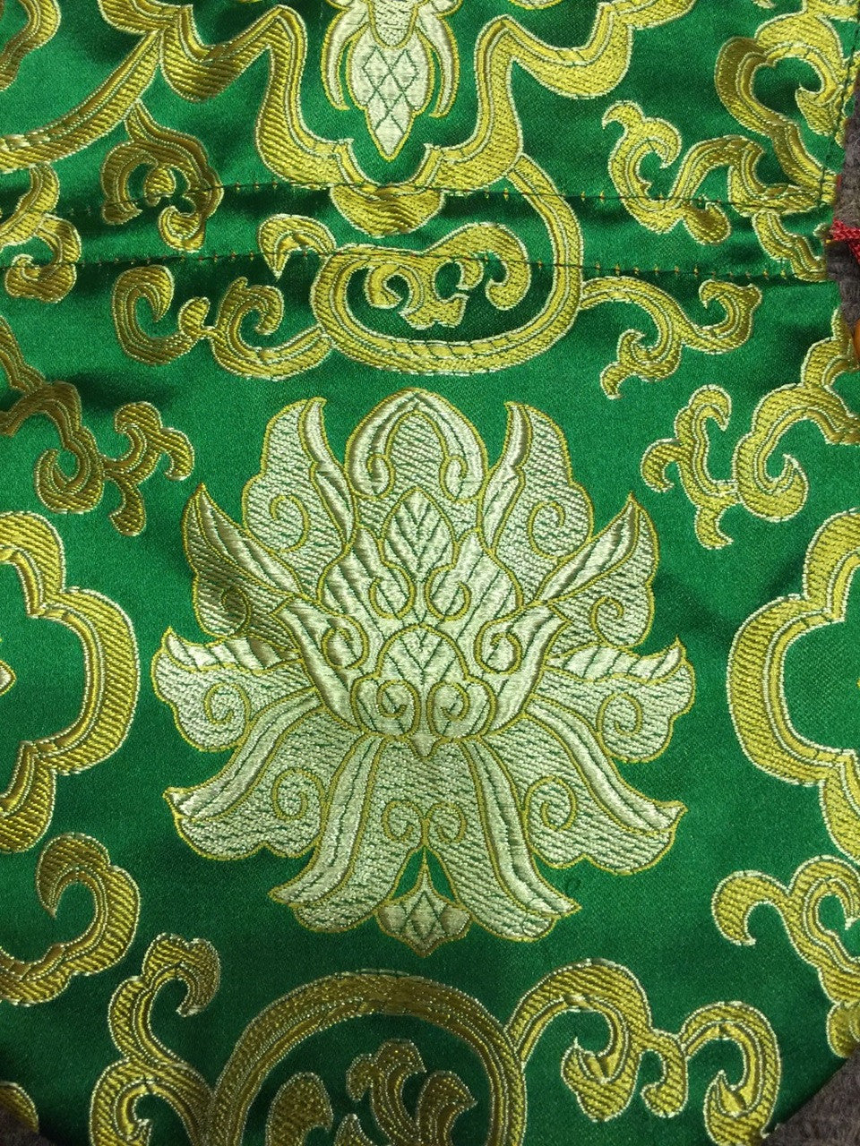 Tibetan lotus design green silk brocade mala bag / jewelry pouch / large size