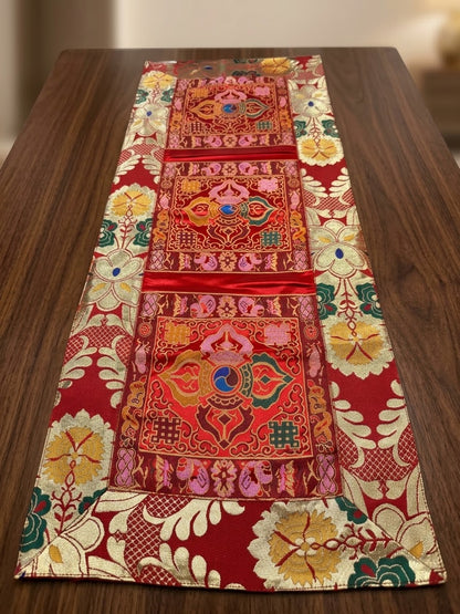 FREE SHIPPING TO USA -Tibetan Buddhist Silk Brocade Table Runner with Dorje Design / Table cloth – Handmade in Nepal