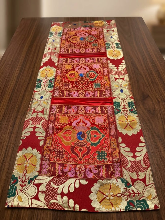 FREE SHIPPING TO USA -Tibetan Buddhist Silk Brocade Table Runner with Dorje Design / Table cloth – Handmade in Nepal