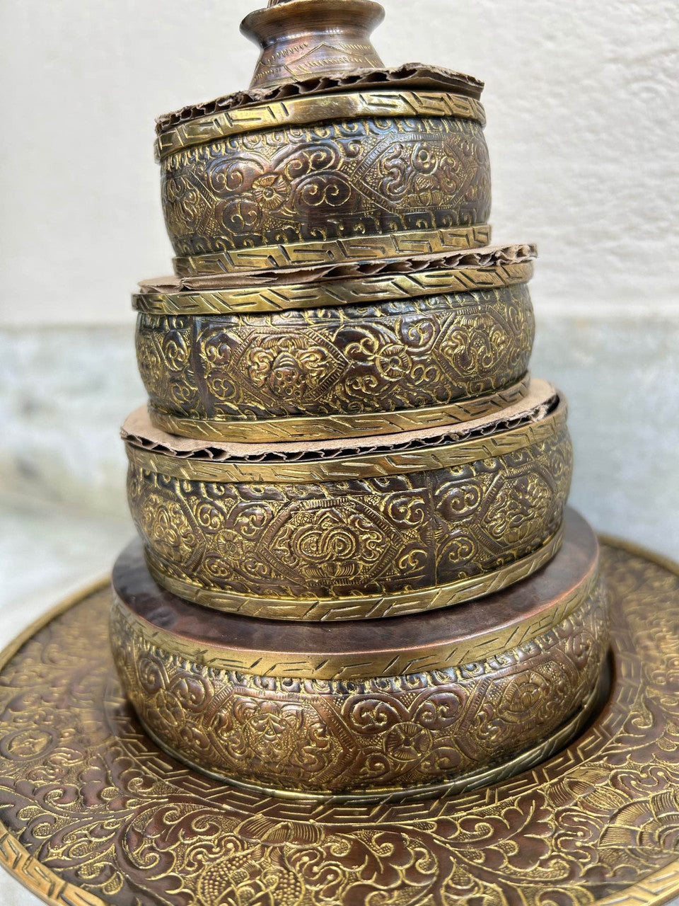 Beautifully Hand Made Copper Tibetan Buddhist Ritual Offering Mandala Set with Auspicious Design for Shrine Monastery Altar