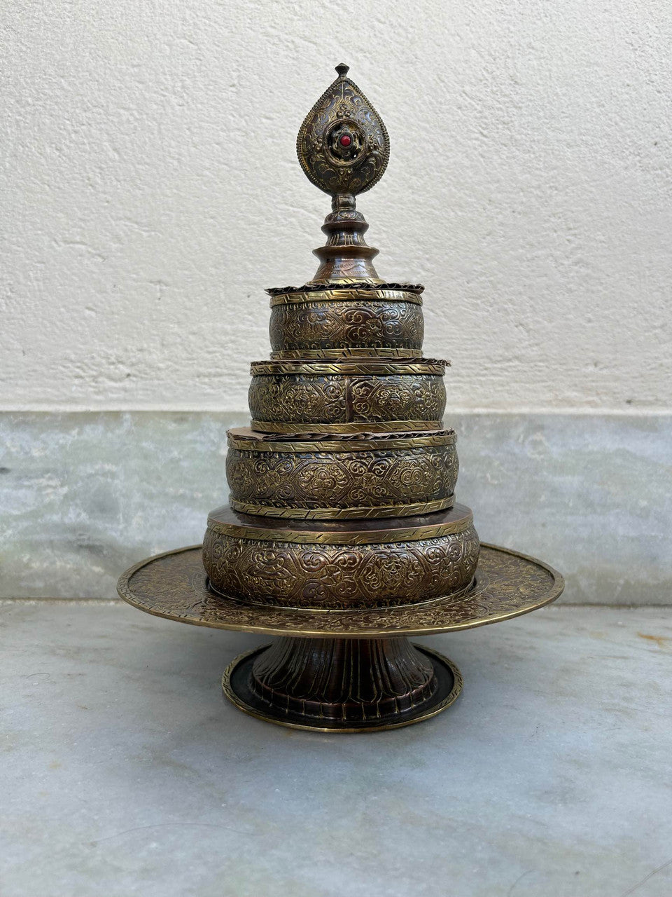 Beautifully Hand Made Copper Tibetan Buddhist Ritual Offering Mandala Set with Auspicious Design for Shrine Monastery Altar