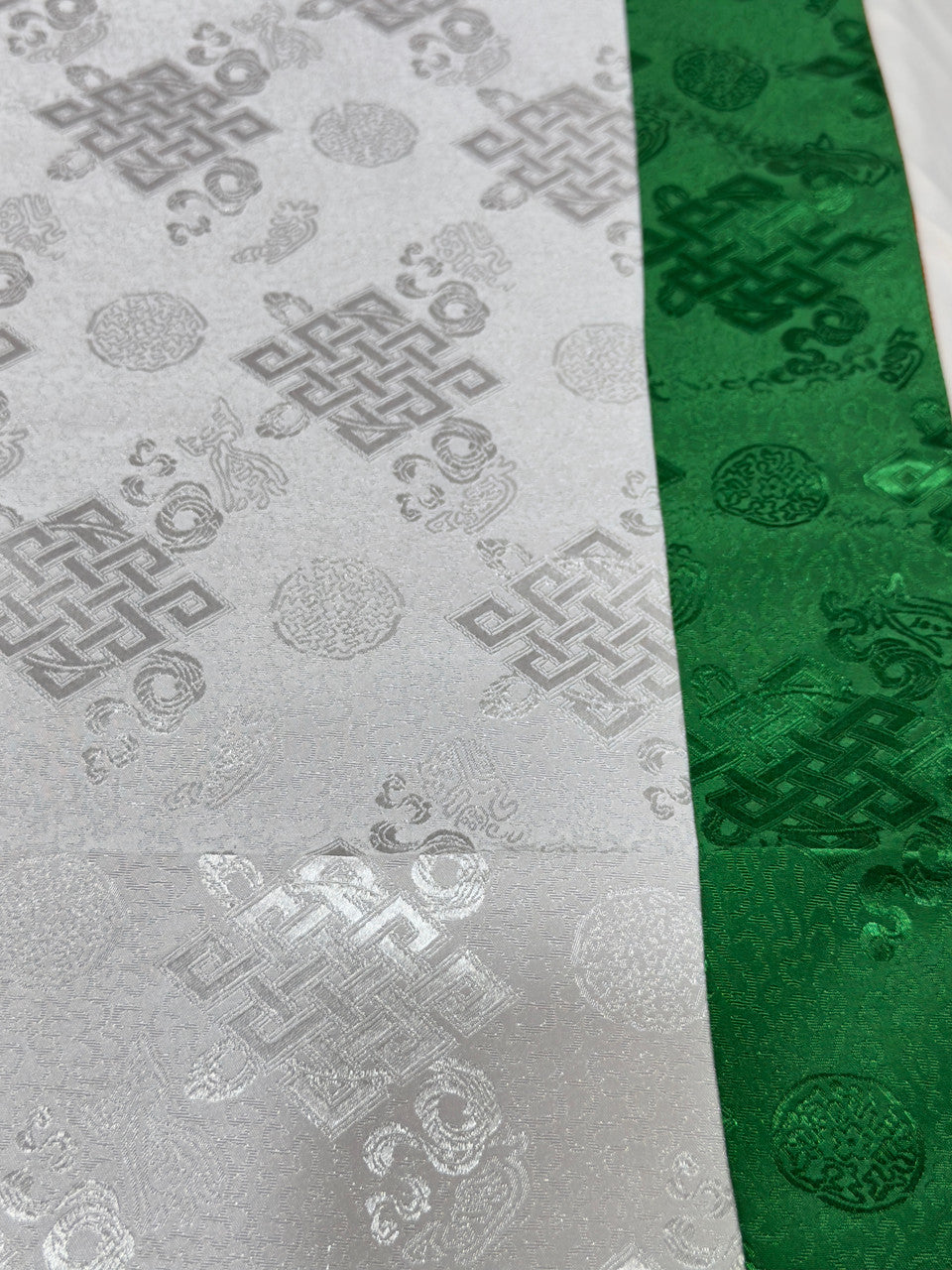 Tibetan Buddhist white / green endless knot light silk brocade table runner / cover / shrine cloth