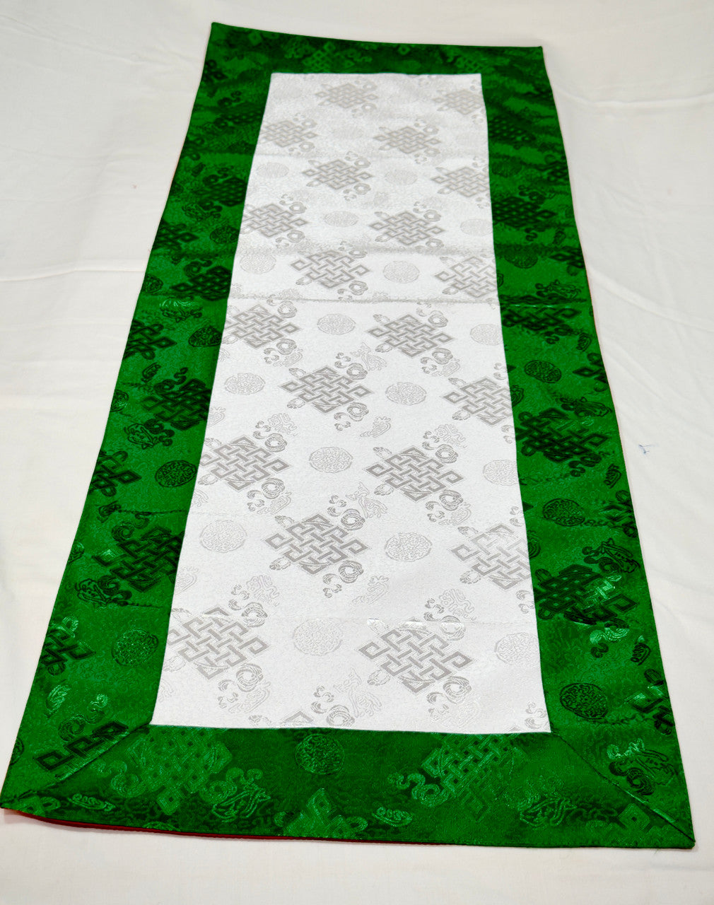 Tibetan Buddhist white / green endless knot light silk brocade table runner / cover / shrine cloth