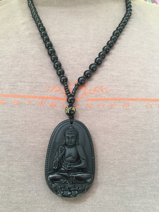 Buddhism Tibetan Large Buddha And Black Onyx Mala Prayer Beads