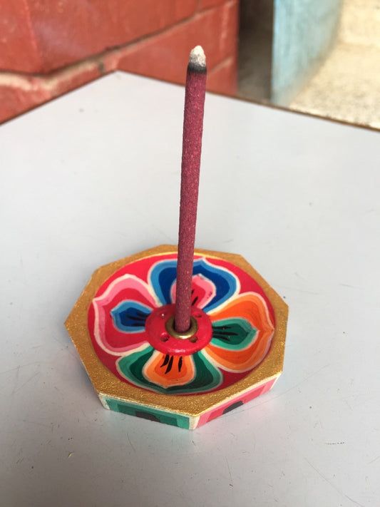 Tibetan hand painted lotus design small wooden incense burner / holder