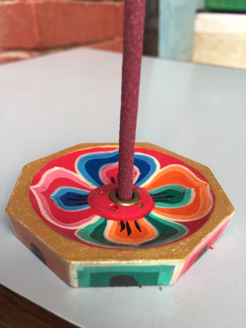 Tibetan hand painted lotus design small wooden incense burner / holder