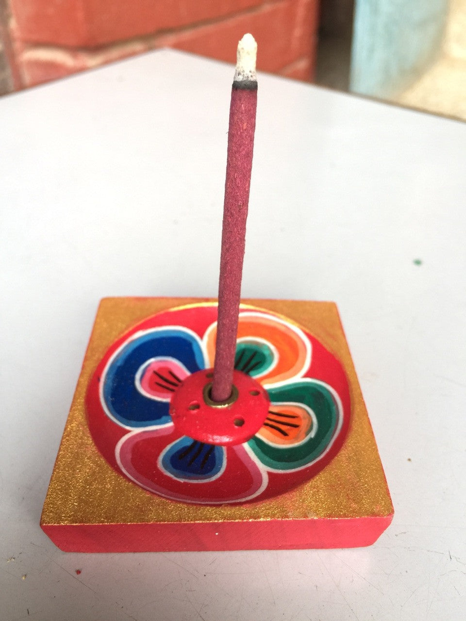 Tibetan square handmade lotus design small wooden incense burner / holder