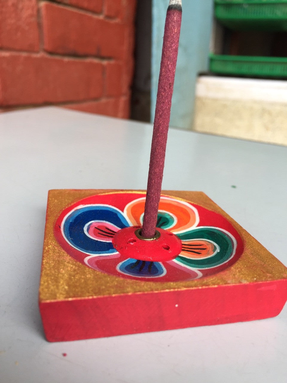 Tibetan square handmade lotus design small wooden incense burner / holder