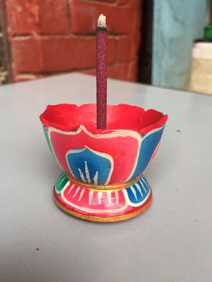 Tibetan small lotus shape handmade wooden incense burner / holder