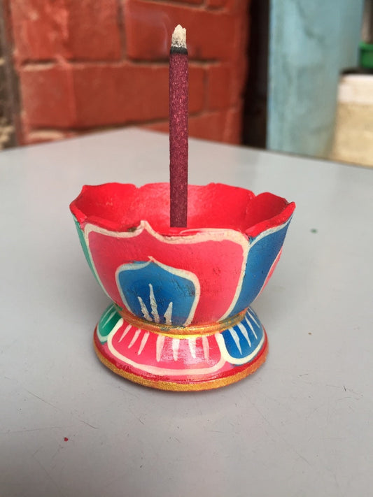 Tibetan small lotus shape handmade wooden incense burner / holder