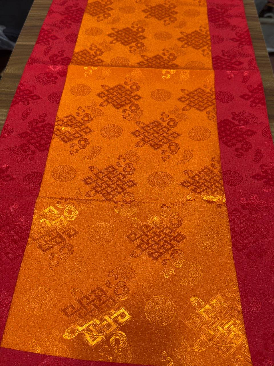 Tibetan Buddhist red / orange endless knot light silk brocade table runner / cover / shrine cloth